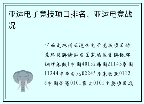 亚运电子竞技项目排名、亚运电竞战况